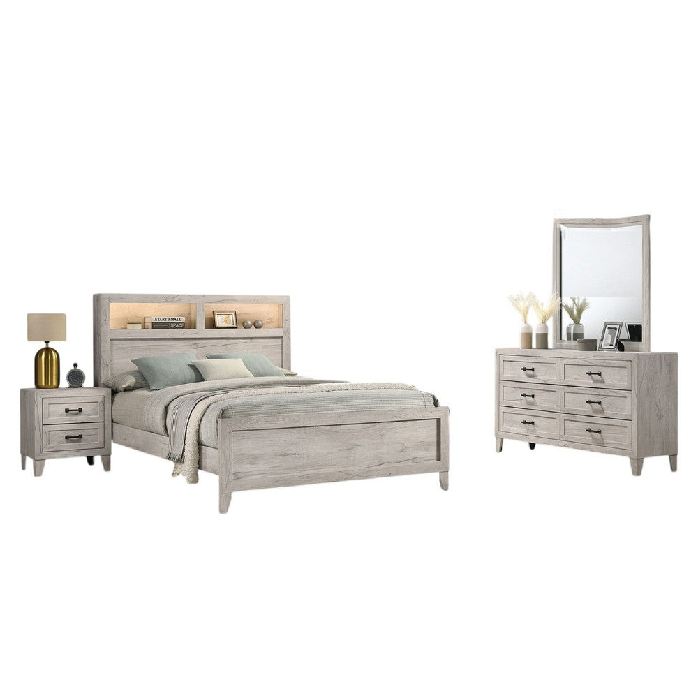 Miot 4pc Queen Bedroom Set | Headboard Shelves w Light | Whitewash