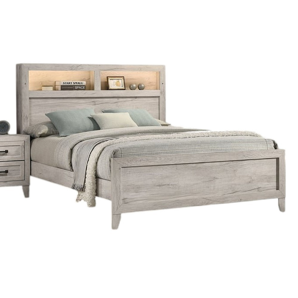 Miot 4pc Queen Bedroom Set | Headboard Shelves w Light | Whitewash