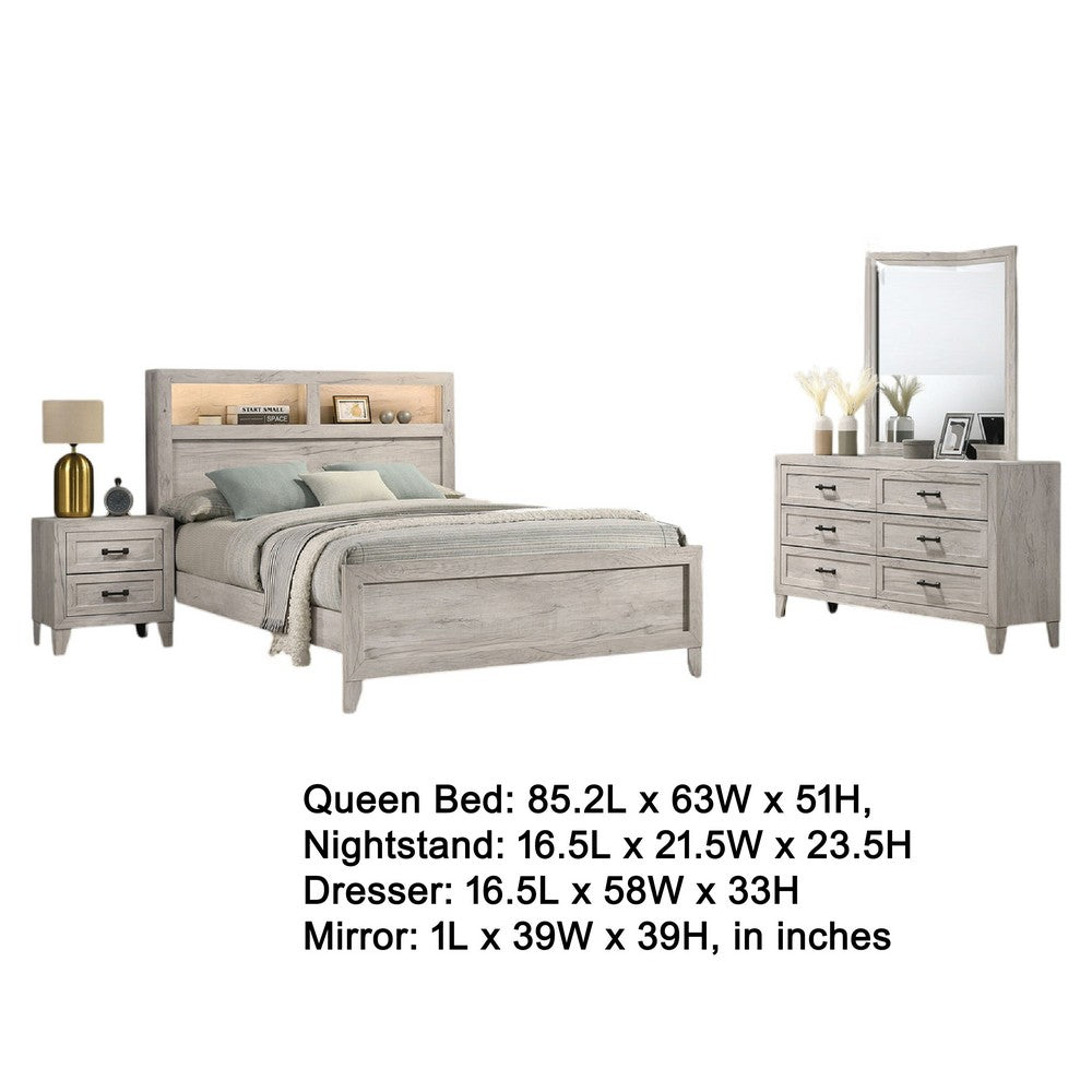Miot 4pc Queen Bedroom Set | Headboard Shelves w Light | Whitewash