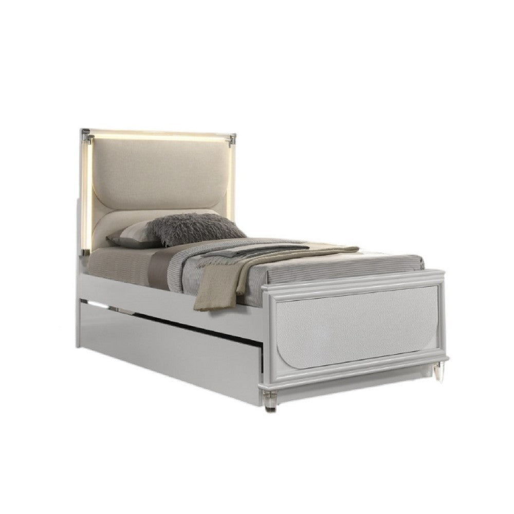 Dima Full Size Bed with Pull Out Trundle & LED Headboard | Pearl White