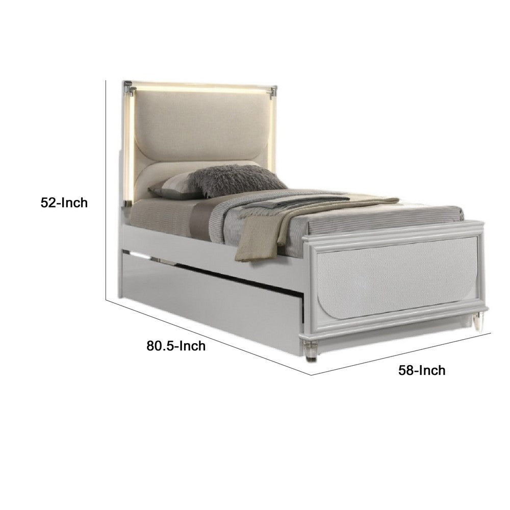 Dima Full Size Bed with Pull Out Trundle & LED Headboard | Pearl White