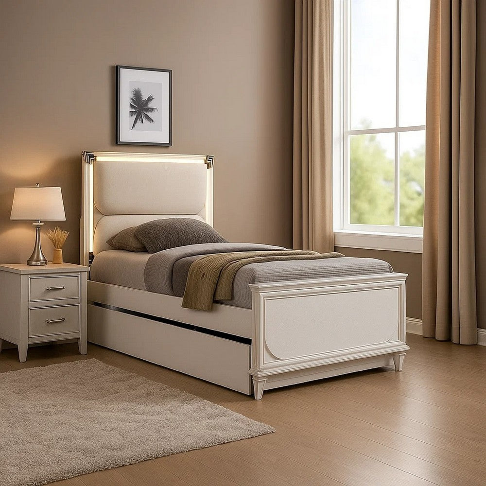 Dima Full Size Bed with Pull Out Trundle & LED Headboard | Pearl White