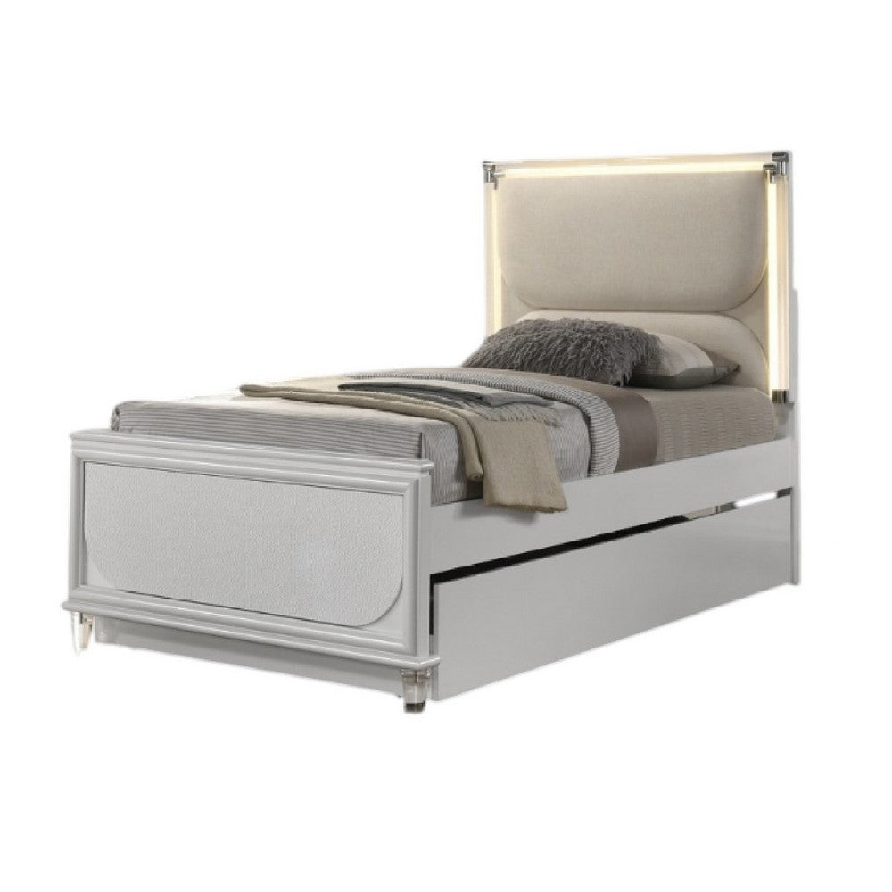 Dima Twin Size Bed with Pull Out Trundle & LED Headboard | Pearl White