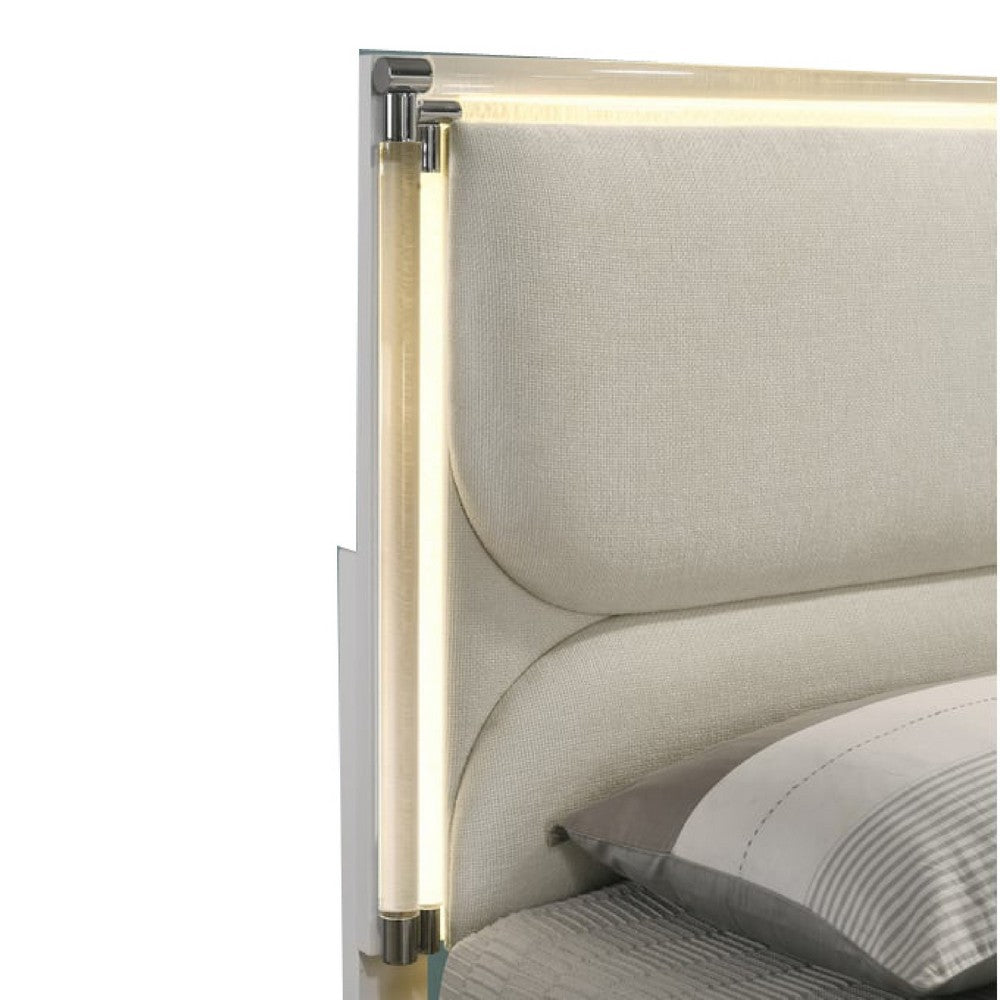 Dima Twin Size Bed with Pull Out Trundle & LED Headboard | Pearl White