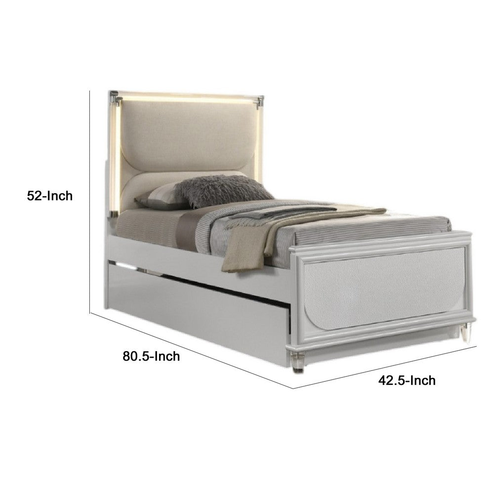 Dima Twin Size Bed with Pull Out Trundle & LED Headboard | Pearl White
