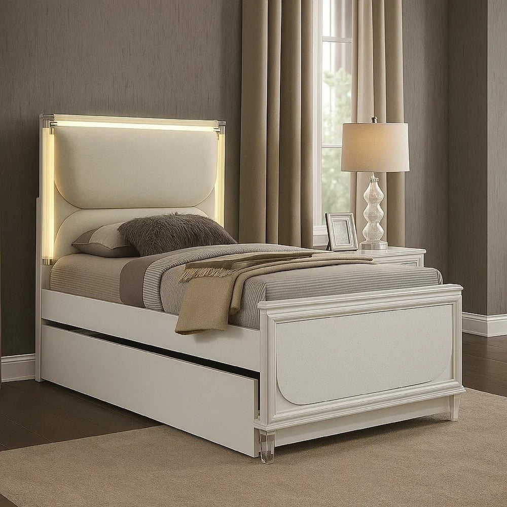 Dima Twin Size Bed with Pull Out Trundle & LED Headboard | Pearl White