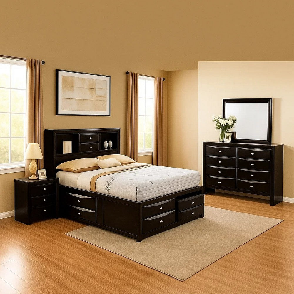 Simo 4pc Queen Bedroom Set w Bookcase Headboard w Drawers | Black