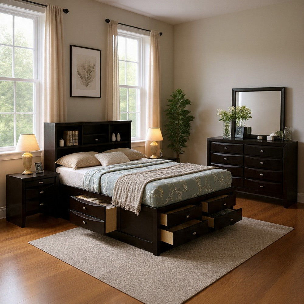 Simo 4pc Queen Bedroom Set w Bookcase Headboard w Drawers | Black