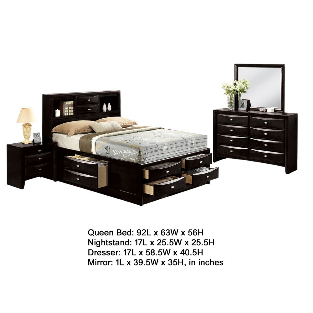 Simo 5pc Queen Bedroom Set w Bookcase Headboard | 2 Nightstands | Black