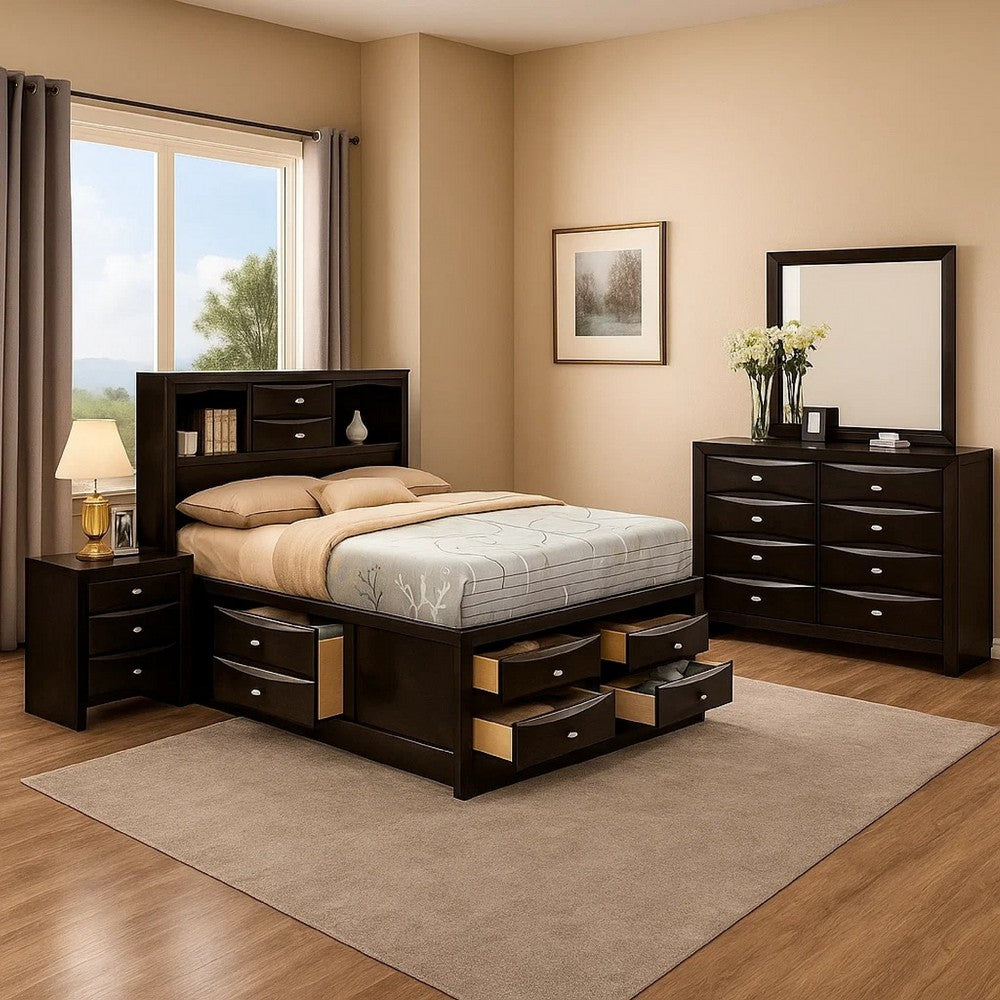 Simo 5pc Queen Bedroom Set w Bookcase Headboard | 2 Nightstands | Black