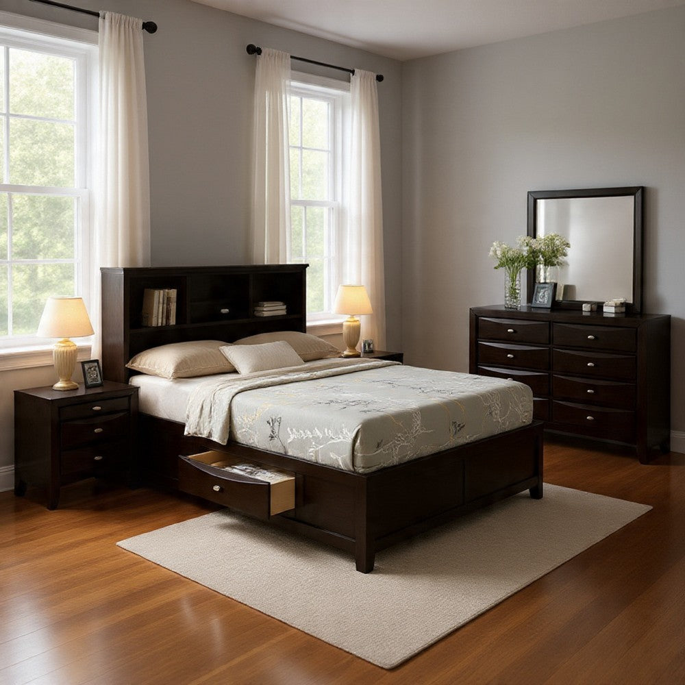 Simo 5pc Queen Bedroom Set w Bookcase Headboard | 2 Nightstands | Black