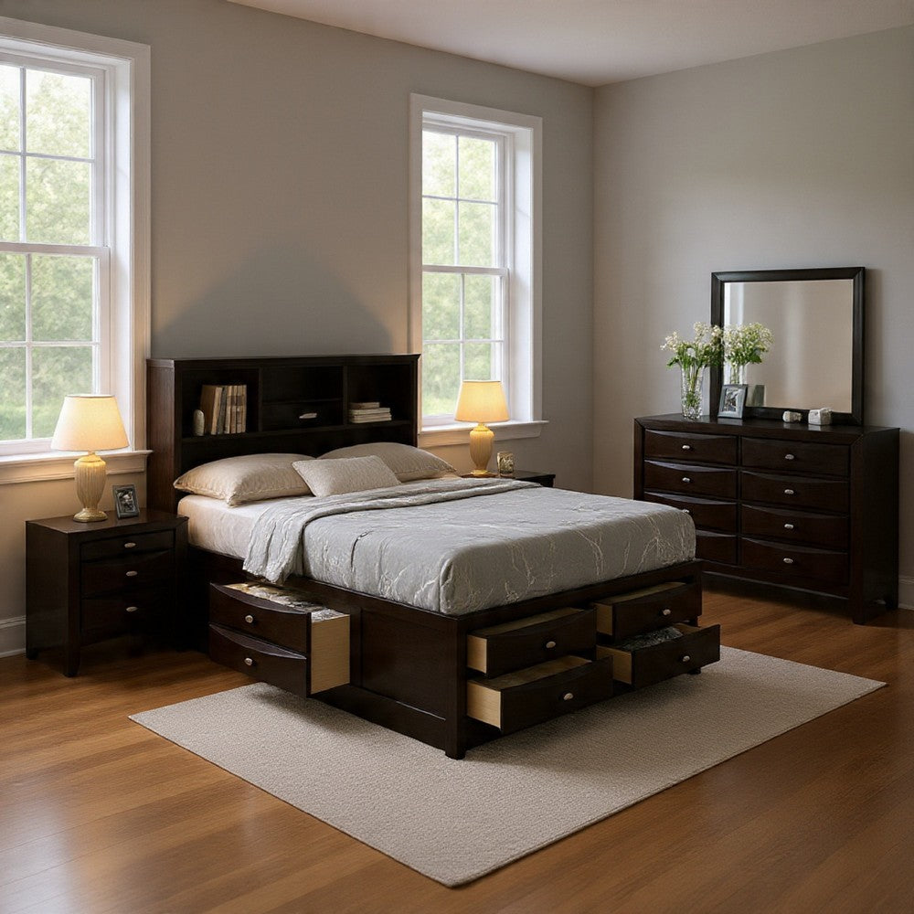 Simo 5pc Queen Bedroom Set w Bookcase Headboard | 2 Nightstands | Black