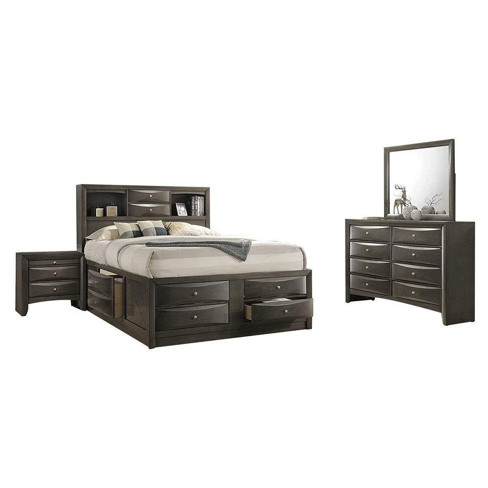 Simo 4pc Queen Bedroom Set w Bookcase Headboard w Drawers | Gray