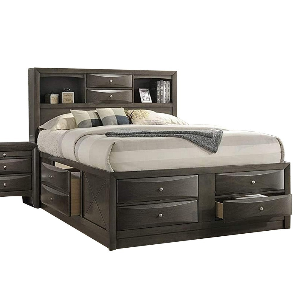 Simo 4pc Queen Bedroom Set w Bookcase Headboard w Drawers | Gray