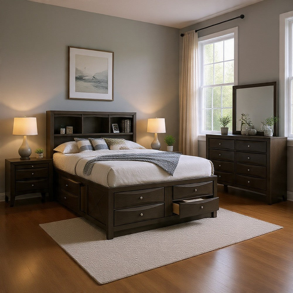 Simo 4pc Queen Bedroom Set w Bookcase Headboard w Drawers | Gray
