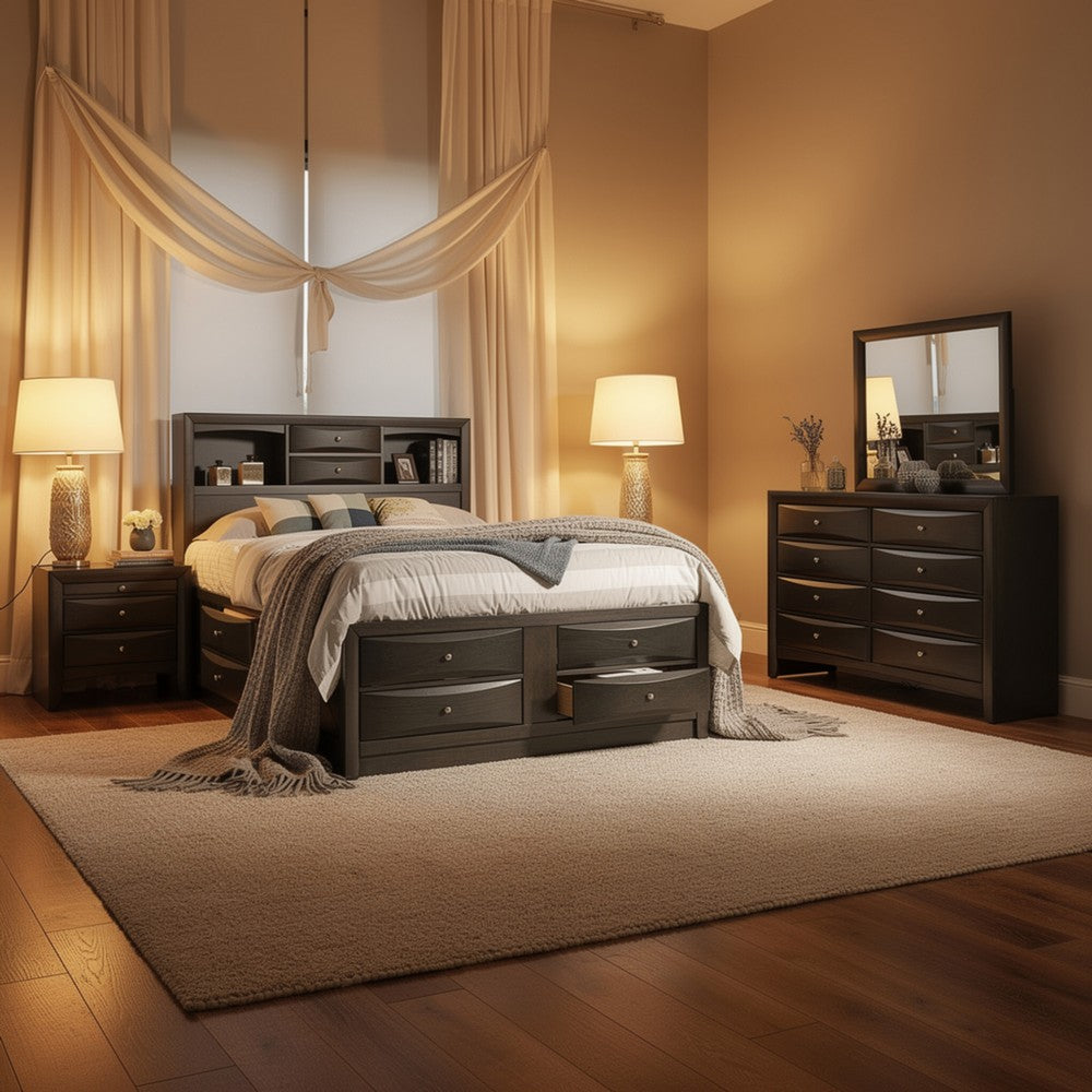 Simo 4pc Queen Bedroom Set w Bookcase Headboard w Drawers | Gray