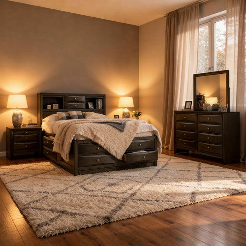 Simo 4pc Queen Bedroom Set w Bookcase Headboard w Drawers | Gray