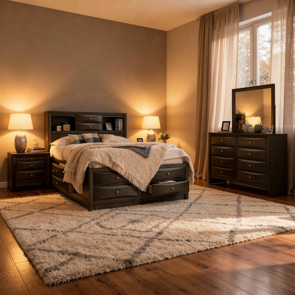 Simo 4pc Queen Bedroom Set w Bookcase Headboard w Drawers | Gray
