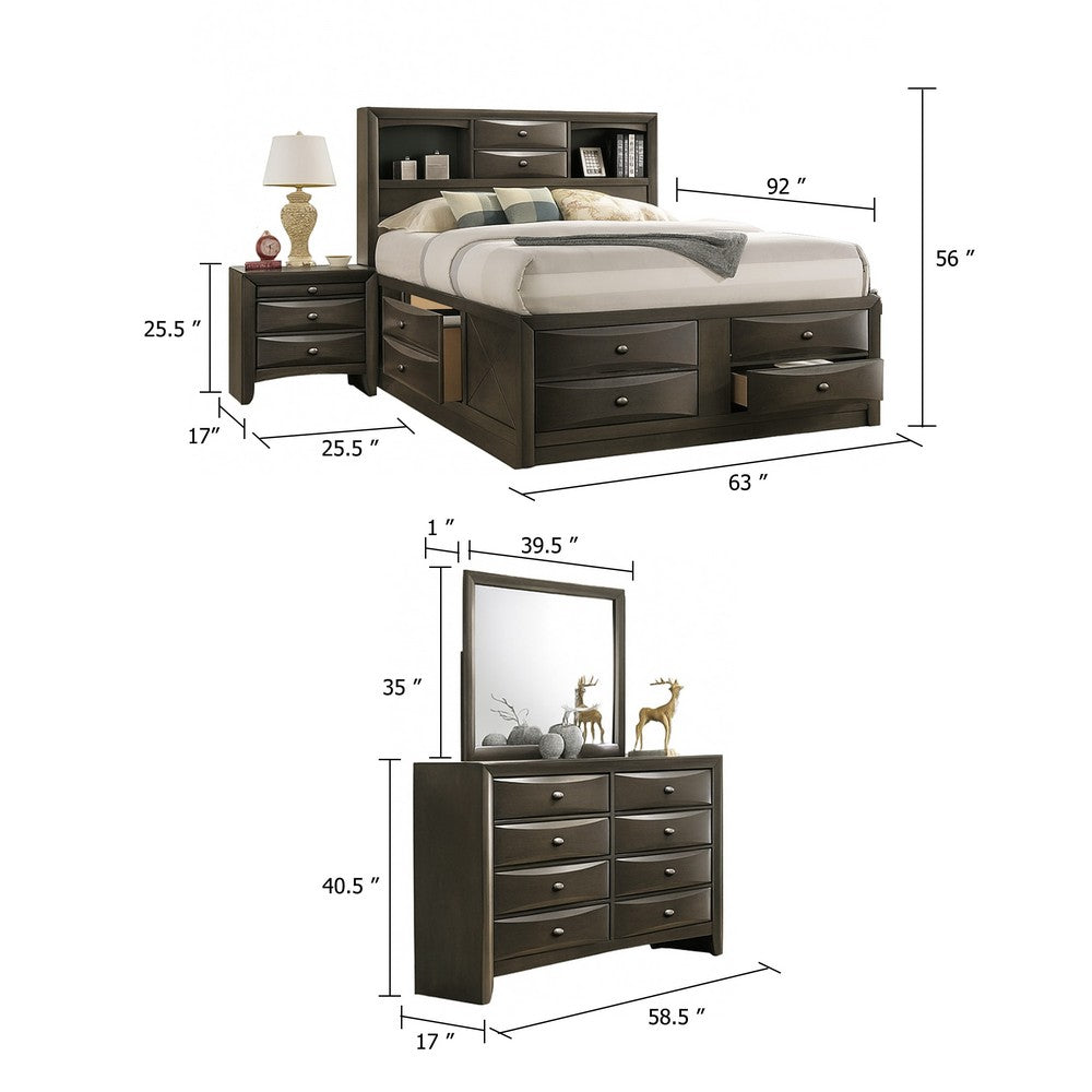 Simo 5pc Queen Bedroom Set w Bookcase Headboard | 2 Nightstands | Gray