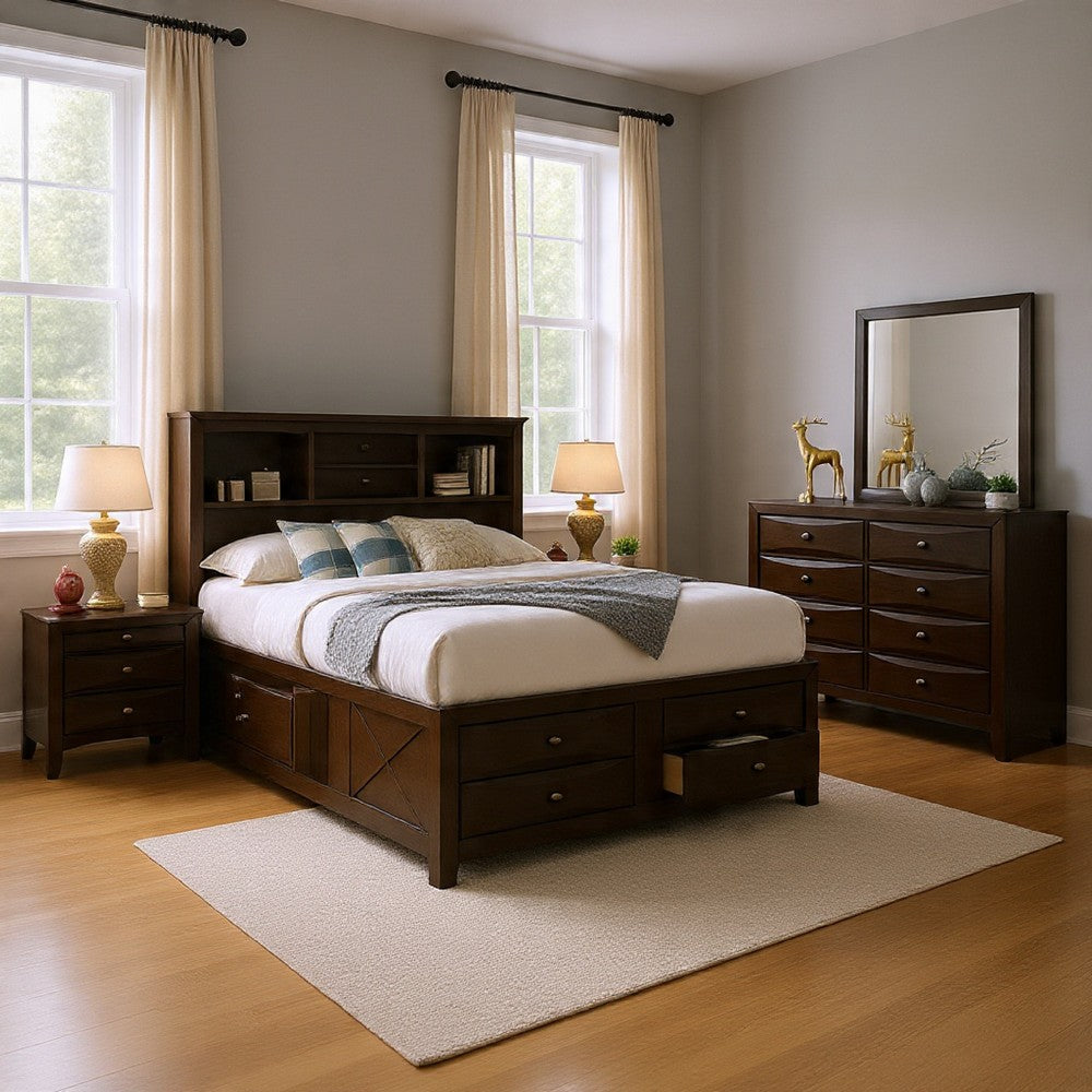Simo 5pc Queen Bedroom Set w Bookcase Headboard | 2 Nightstands | Gray