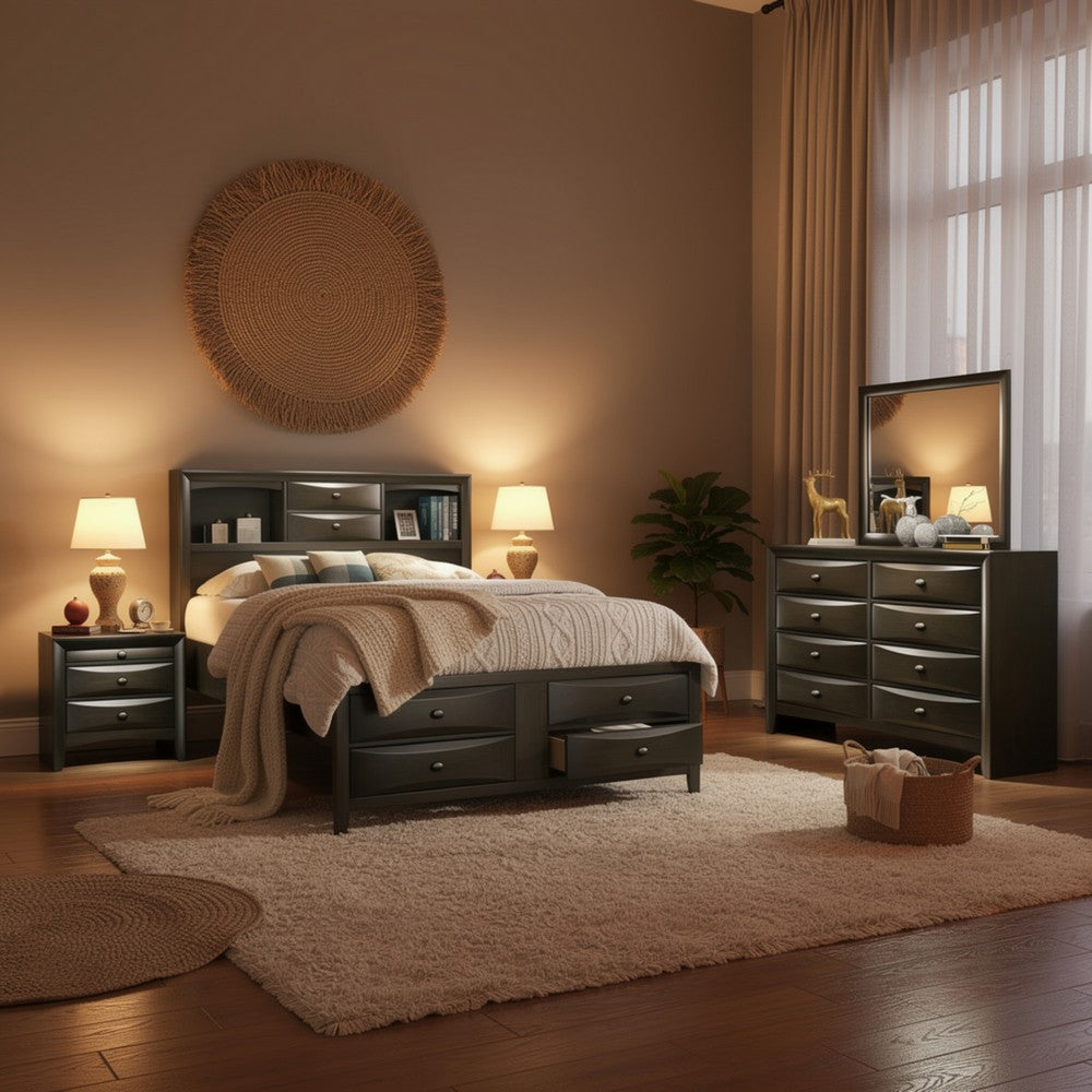 Simo 5pc Queen Bedroom Set w Bookcase Headboard | 2 Nightstands | Gray