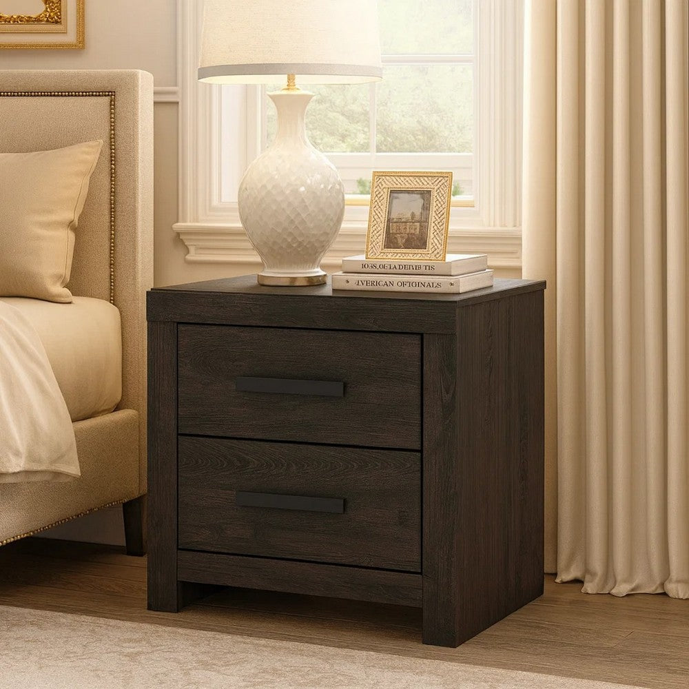 Peny Bedside Nightstand | 2 Drawers w Long Metal Handles | Charcoal Black