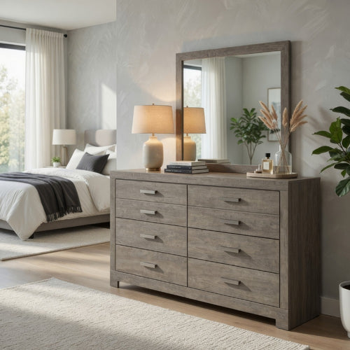 Kulv 2pc Dresser & Mirror Set | 6 Drawers w Handles | Vintage Gray
