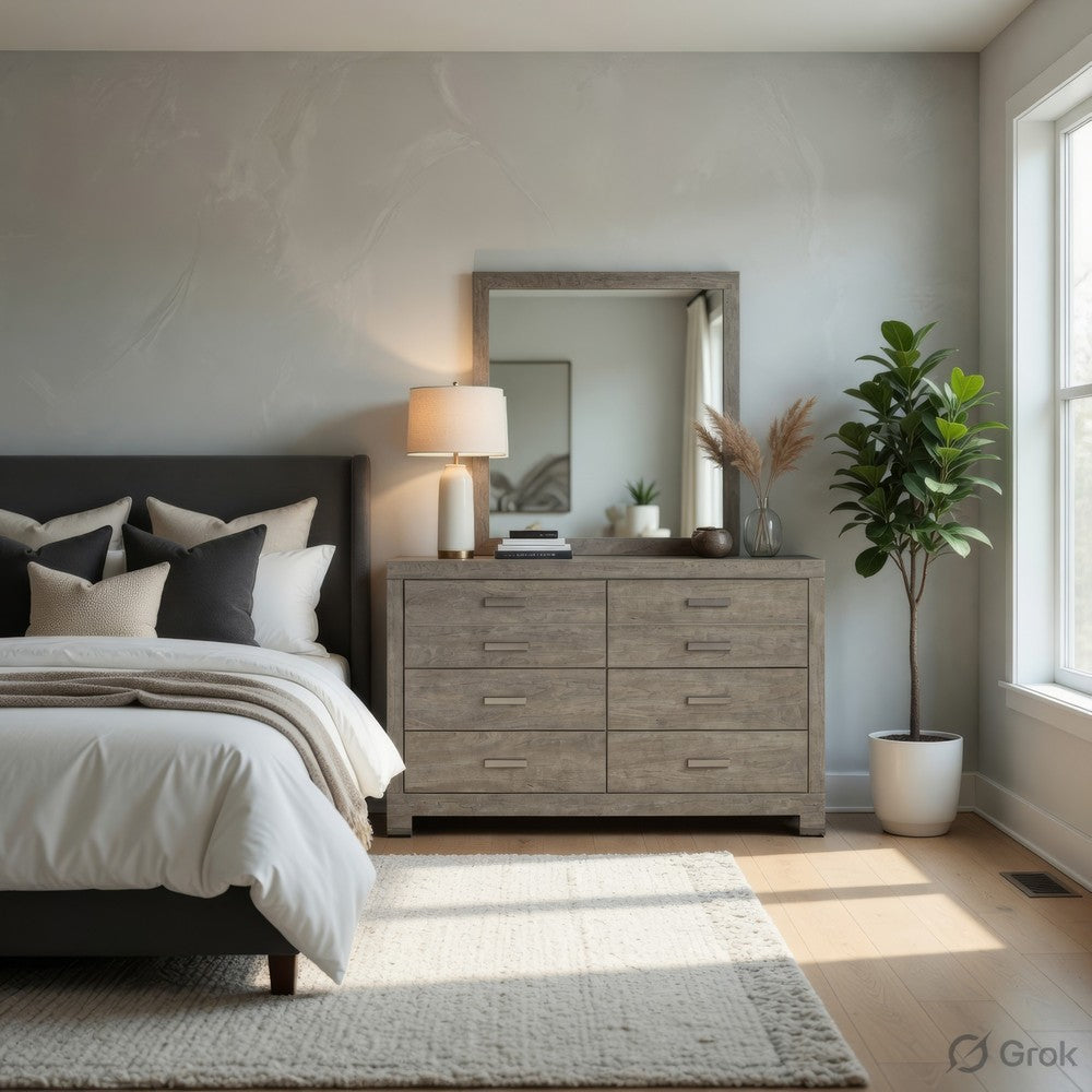 Kulv 2pc Dresser & Mirror Set | 6 Drawers w Handles | Vintage Gray