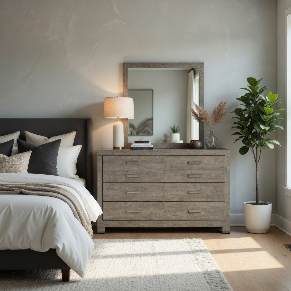 Kulv 2pc Dresser & Mirror Set | 6 Drawers w Handles | Vintage Gray