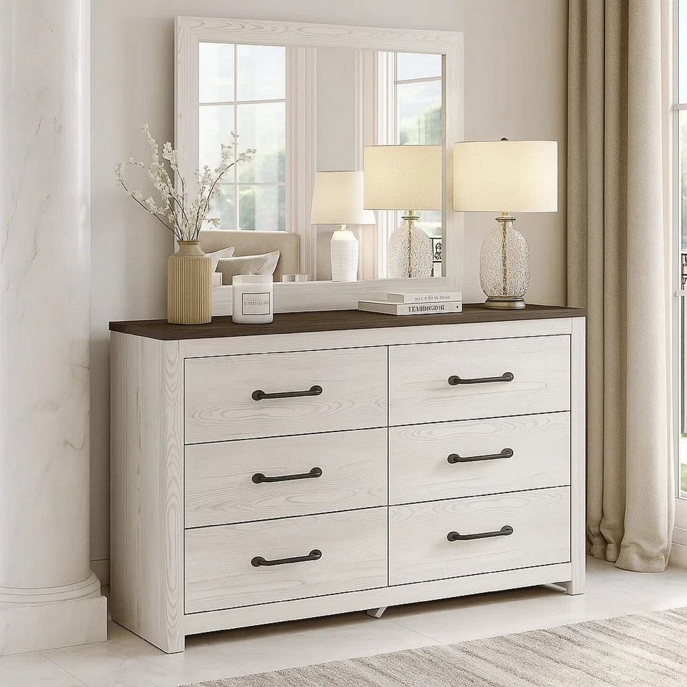 Hara 2pc Dresser & Mirror Set | 6 Drawers | Farmhouse Dark Gray & White