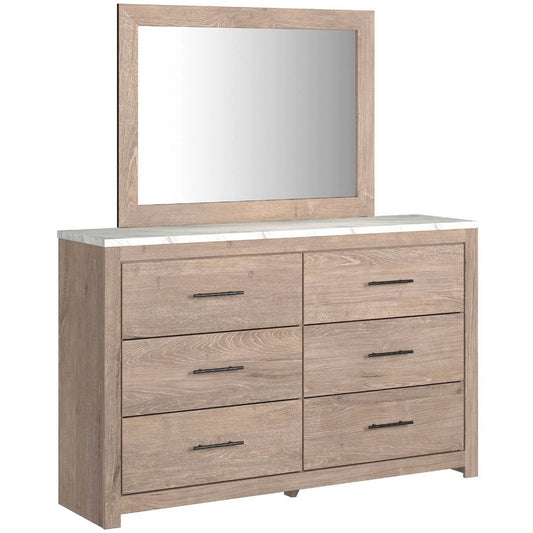 Berg 2pc Dresser & Mirror Set | 6 Drawers w White Top | Light Brown