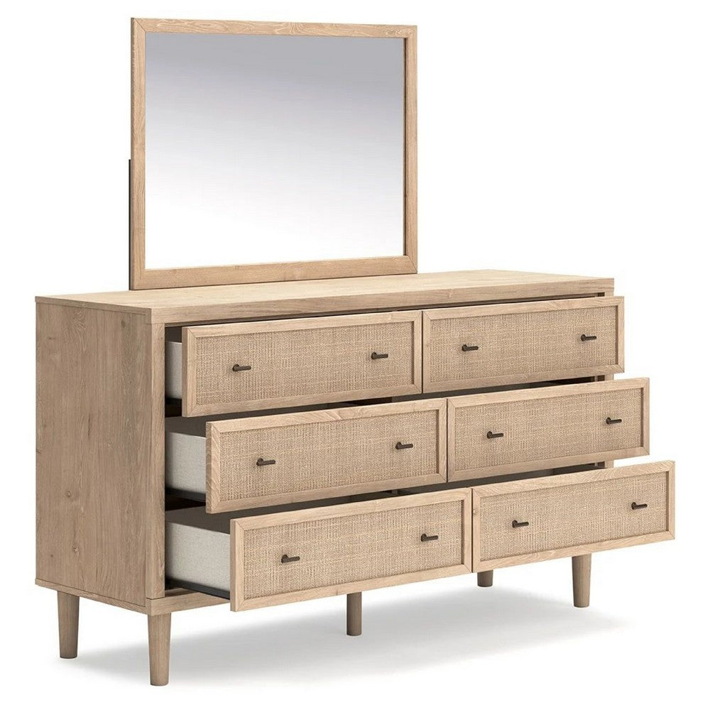 Ciel 2pc Dresser & Mirror Set | 6 Faux Cane Front Drawers | Brown Wood