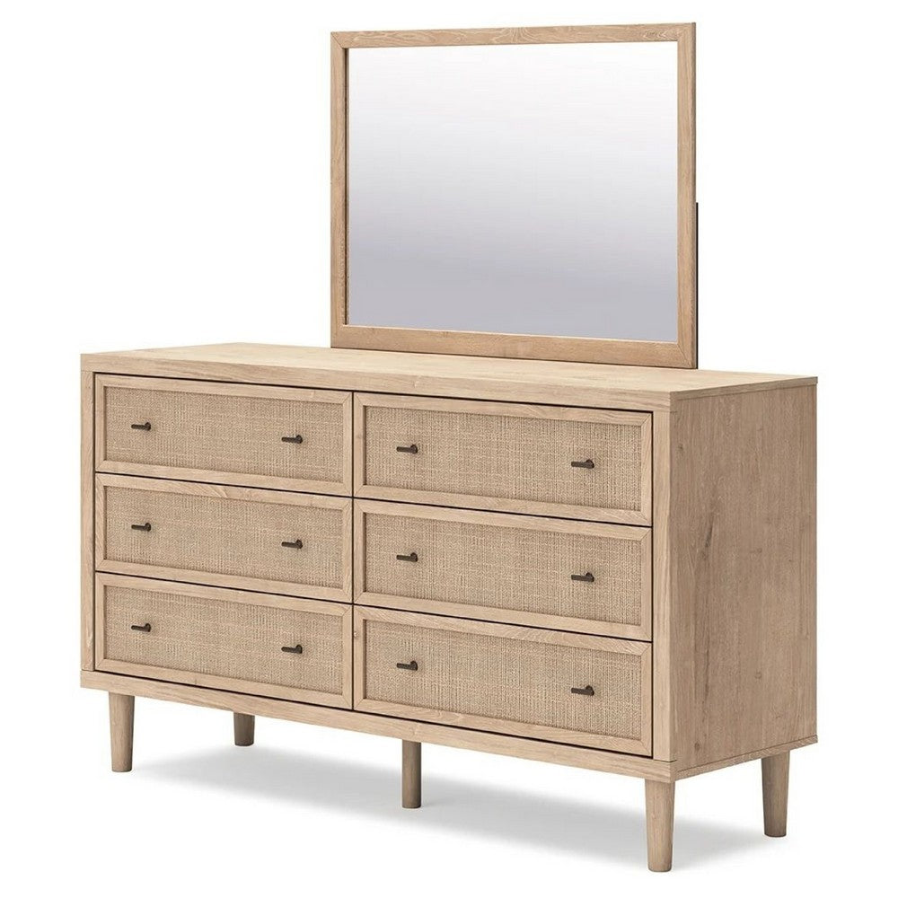 Ciel 2pc Dresser & Mirror Set | 6 Faux Cane Front Drawers | Brown Wood