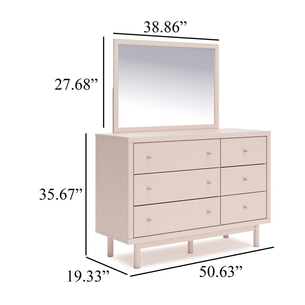 Viso 2pc Dresser & Mirror Set | 6 Drawers w Gold Knobs | Blush Pink