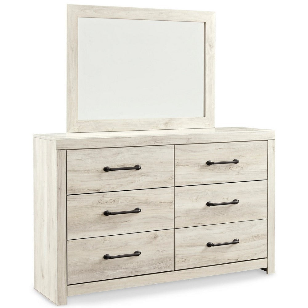 Cemy 2pc Dresser & Mirror Set | 6 Drawers w Black Handles | Whitewash