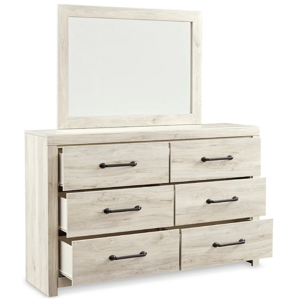 Cemy 2pc Dresser & Mirror Set | 6 Drawers w Black Handles | Whitewash