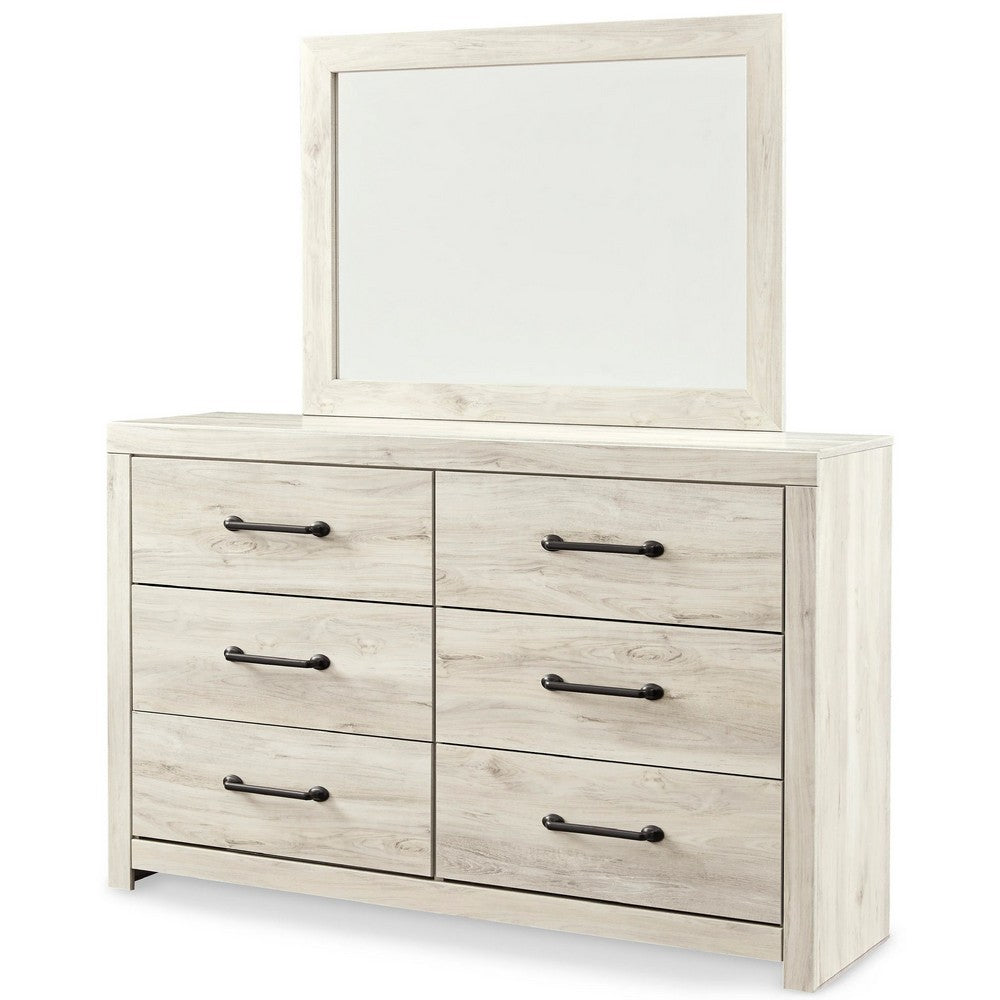 Cemy 2pc Dresser & Mirror Set | 6 Drawers w Black Handles | Whitewash