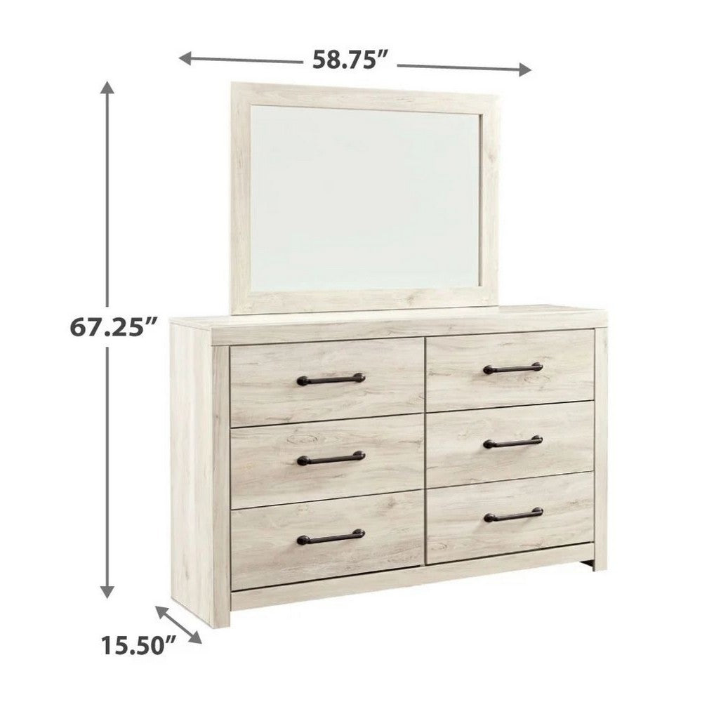 Cemy 2pc Dresser & Mirror Set | 6 Drawers w Black Handles | Whitewash