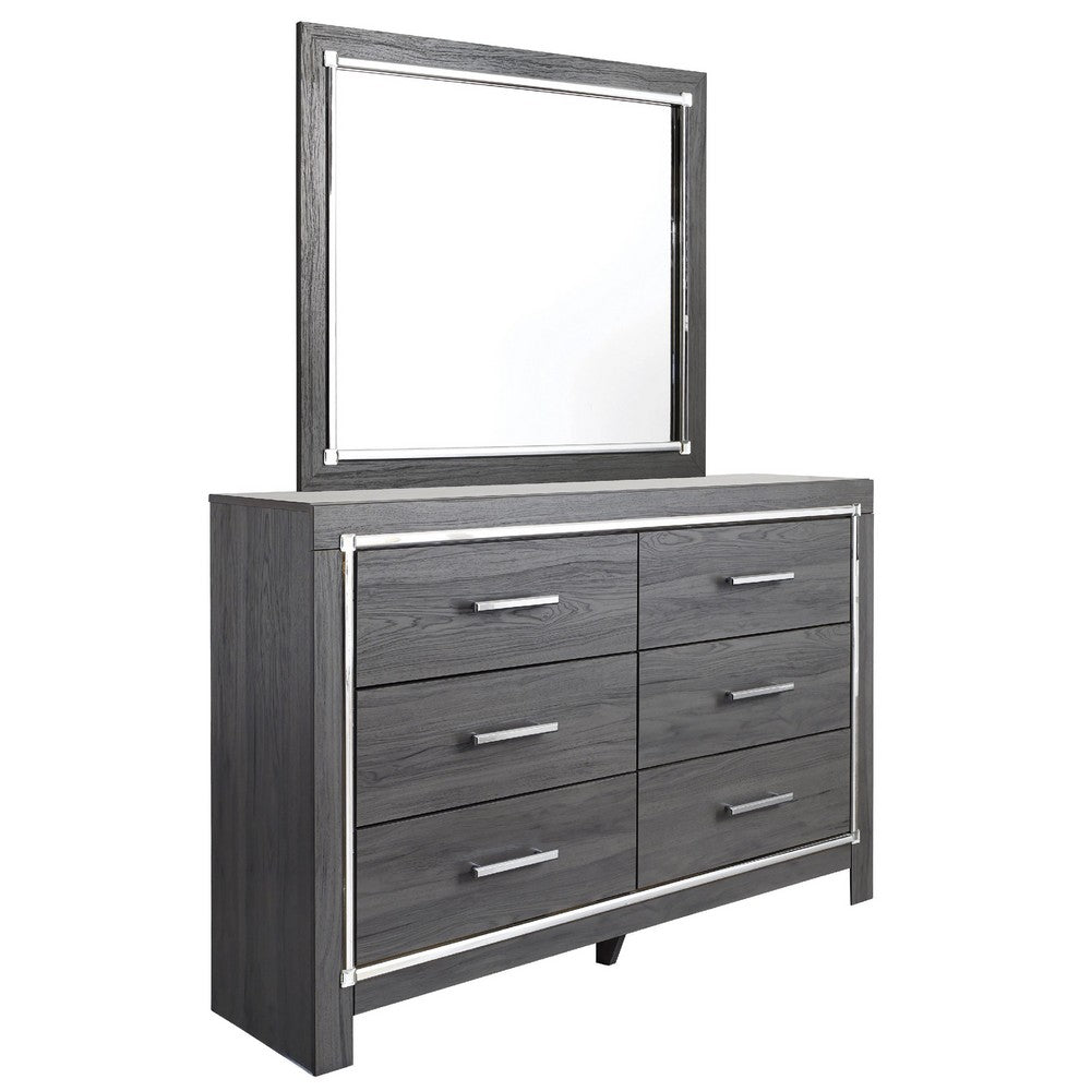 Leva 2pc Dresser & Mirror Set | 6 Drawers w Chrome Handles | Dark Gray