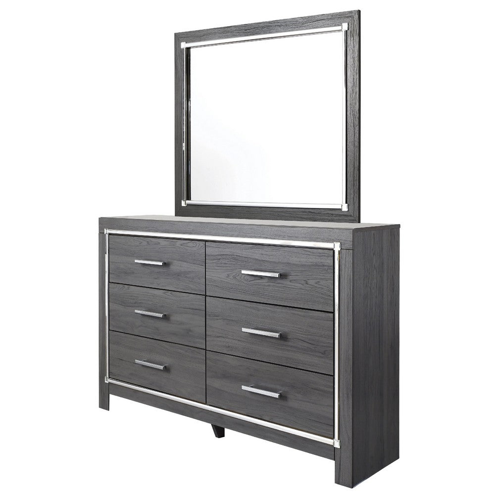 Leva 2pc Dresser & Mirror Set | 6 Drawers w Chrome Handles | Dark Gray