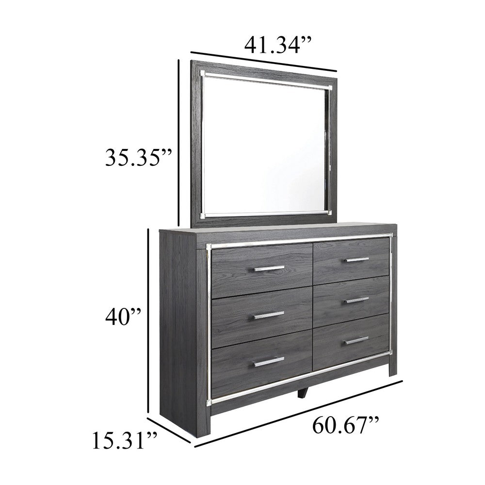 Leva 2pc Dresser & Mirror Set | 6 Drawers w Chrome Handles | Dark Gray