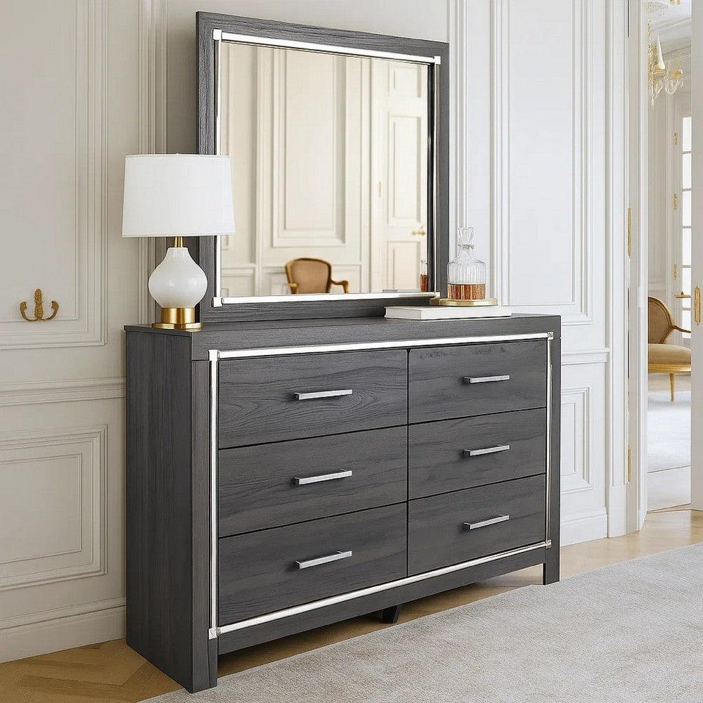 Leva 2pc Dresser & Mirror Set | 6 Drawers w Chrome Handles | Dark Gray