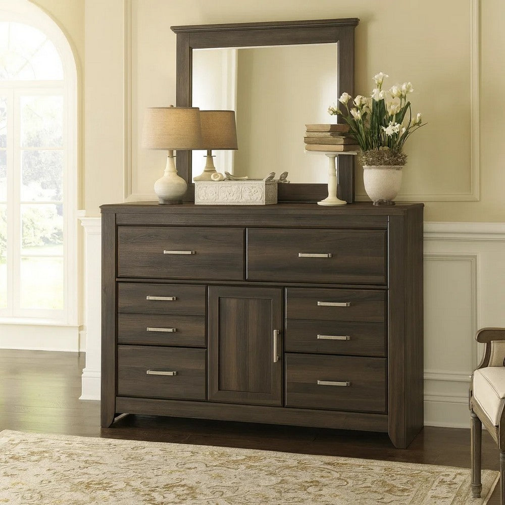 Rye 2pc Dresser & Mirror Set | 6 Drawers w Cabinet | Dark Brown