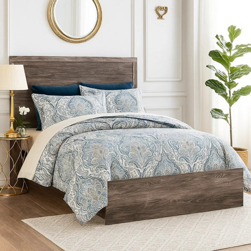 Isnk Queen Size Bed w Plank Headboard | Rustic Gray Laminate Finish