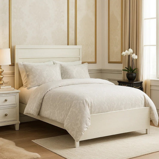 Tely Queen Size Bed w Plank Panel Headboard | Modern Farmhouse White