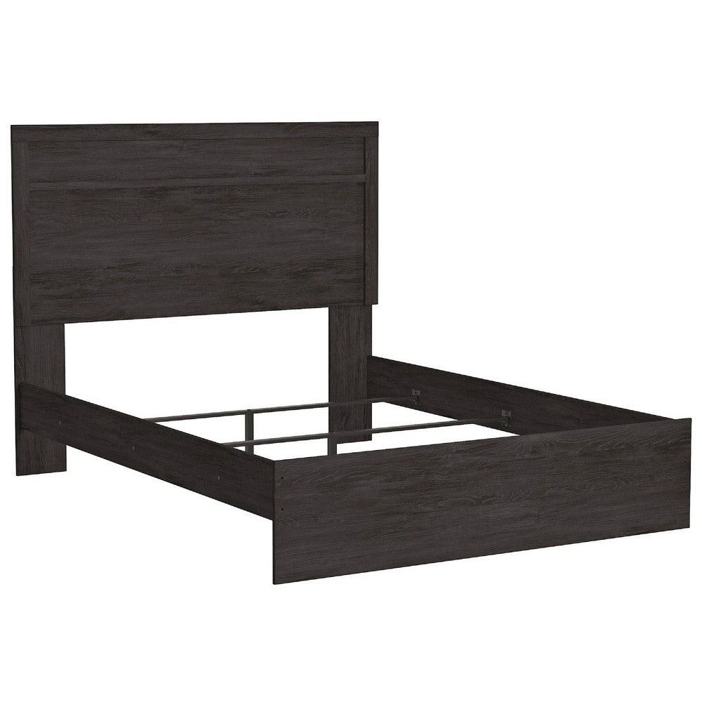 Cyme Queen Size Bed w Plank Headboard | Minimalist Charcoal Black