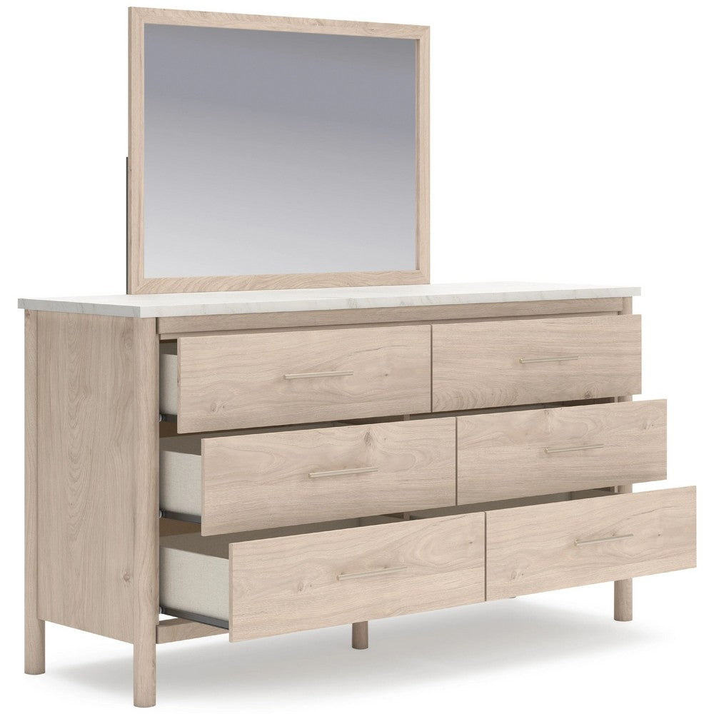 Mooran 2pc Dresser Mirror Set | 6 Drawer | Light Brown | White Faux Marble