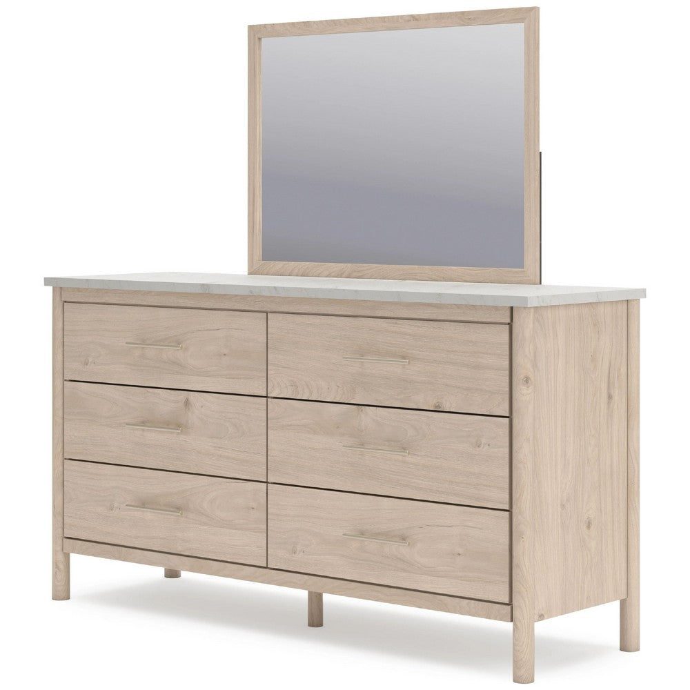 Mooran 2pc Dresser Mirror Set | 6 Drawer | Light Brown | White Faux Marble