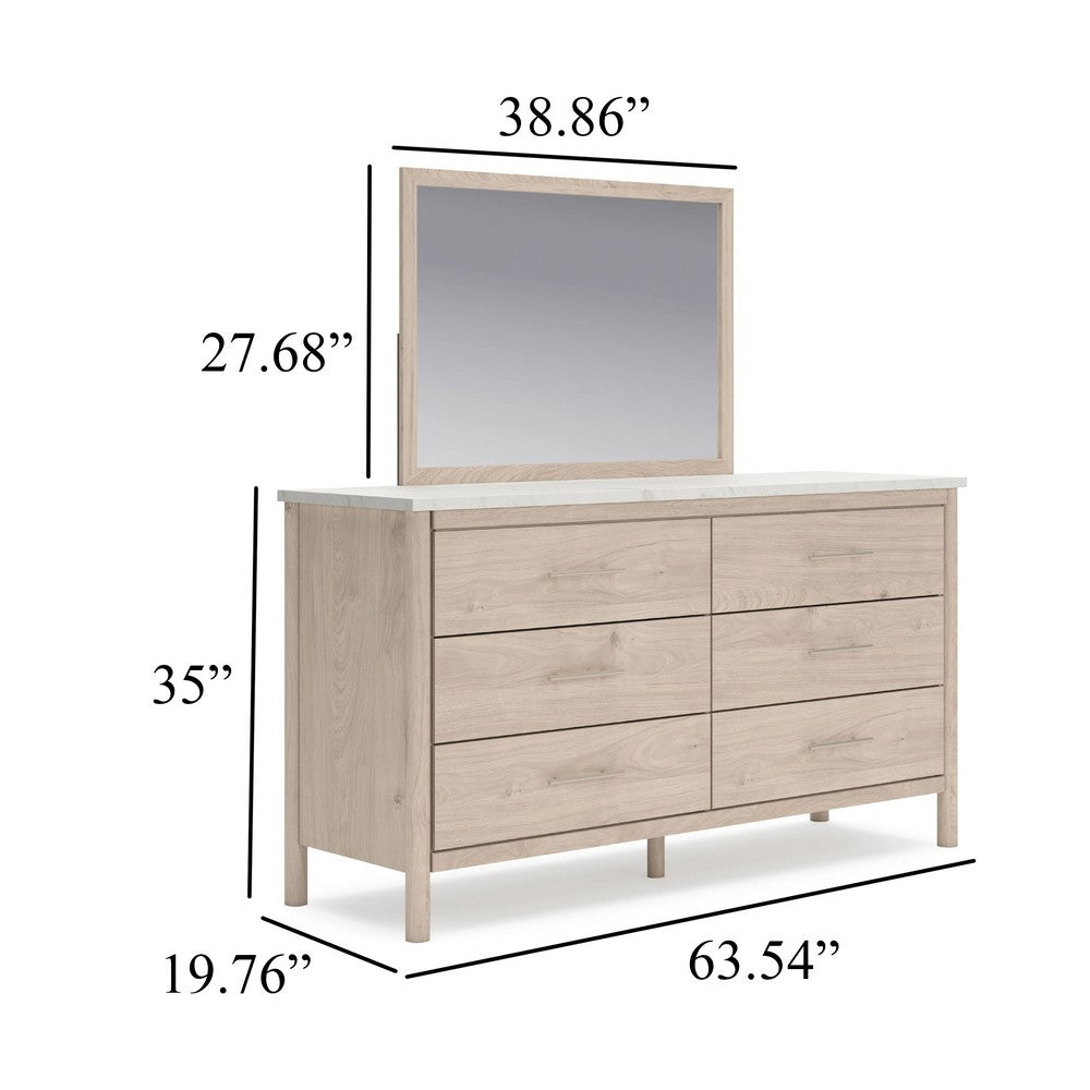 Mooran 2pc Dresser Mirror Set | 6 Drawer | Light Brown | White Faux Marble