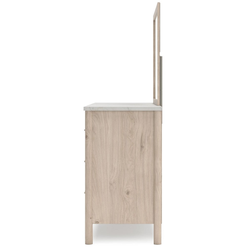Mooran 2pc Dresser Mirror Set | 6 Drawer | Light Brown | White Faux Marble